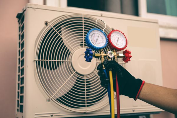 HVAC technician performing air conditioning maintenance