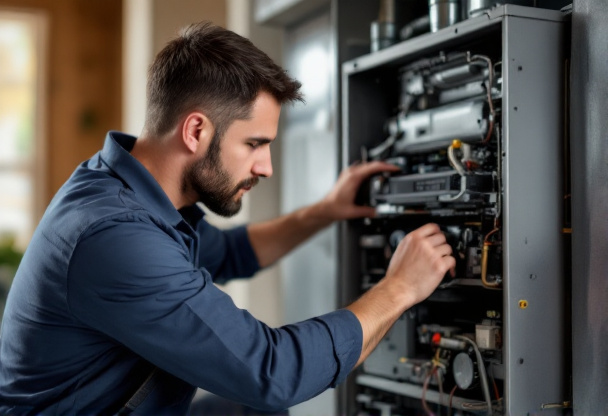 Professional furnace service and repair technician working on a heating system in Belton, TX